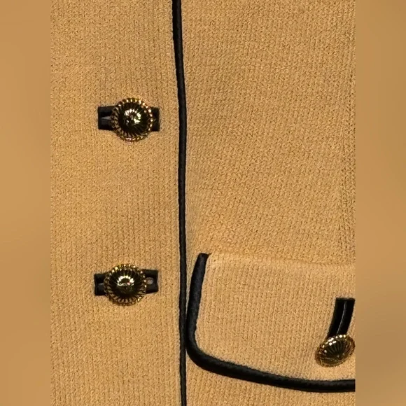 St.John Collection by Marie Gray,Tan Knit Jacket W/ Black Trim,Gold Buttons SZ 6 - Picture 9 of 12